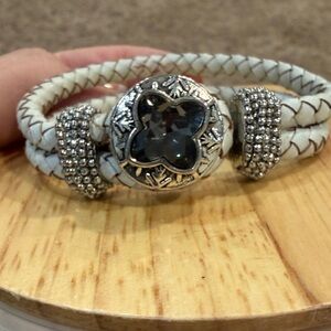 Silver-Tone White Leather Bracelet